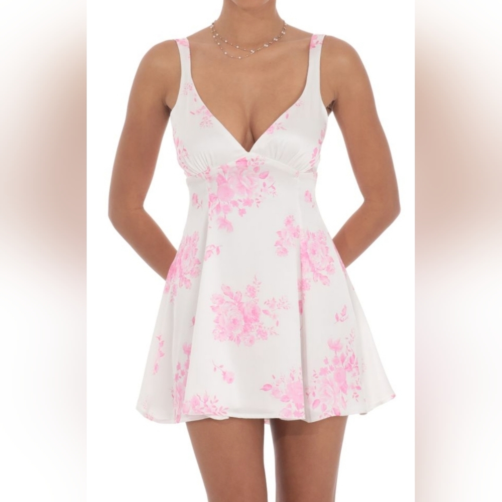 Lucy in the Sky White/Pink Rose Print Mini Dress, Size L